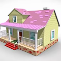 Cartoon House Scene Featuring Yellow Exterior Pink Roof Red Stairs White Porch Railings And Windows