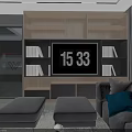 Modern Living Room Interior With Gray Sofa Ottomans Glass Coffee Table Wooden Bookshelf Large Windows And Green Plant
