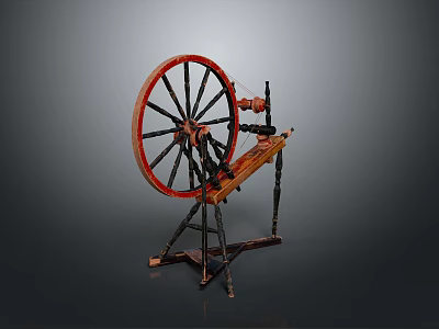 Antique Spinning Wheel With Red Wooden Wheel Wooden Frame And Metal Stand 3d model