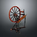 Antique Spinning Wheel With Red Wooden Wheel Wooden Frame And Metal Stand
