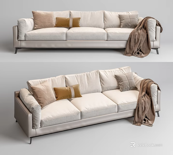 Light Colored Three Seater Sofa with Decorative Pillows and Cozy Blanket 3d model