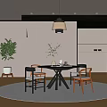 Restaurant Interior With Round Table Chairs Hanging Lamp And Potted Plant