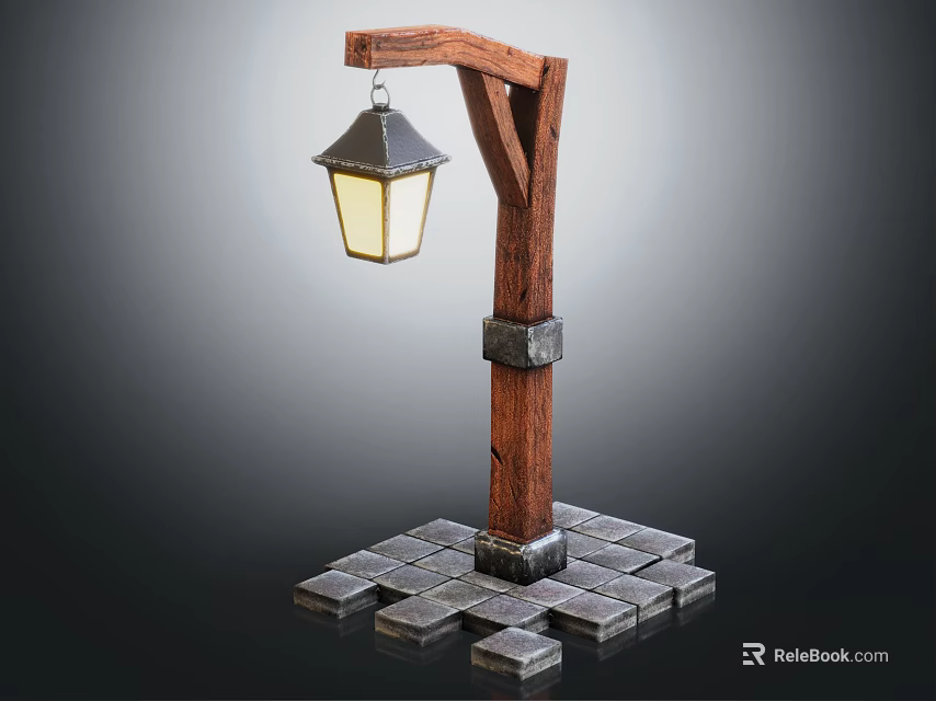 Wooden Street Lamp Furniture With Curved Arm Glass Shade And Stone Block Base 3d model 