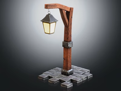 Wooden Street Lamp Furniture With Curved Arm Glass Shade And Stone Block Base 3d model
