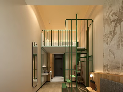 Loft Style Hotel Room With Green Metal Staircase Palm Leaf Decor Mirror And Wooden Accents 3d model