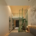Loft Style Hotel Room With Green Metal Staircase Palm Leaf Decor Mirror And Wooden Accents