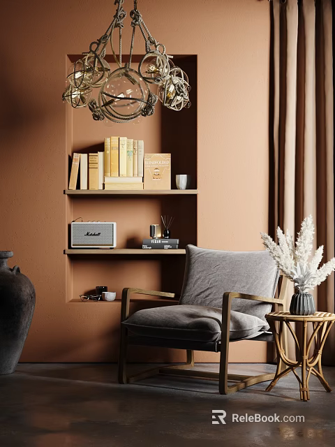 Gray Single Sofa With Wooden Armrests Brown Wall Bookshelf Books And White Pampas Grass 3d model 