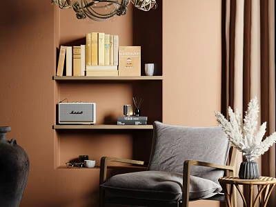 Gray Single Sofa With Wooden Armrests Brown Wall Bookshelf Books And White Pampas Grass 3d model