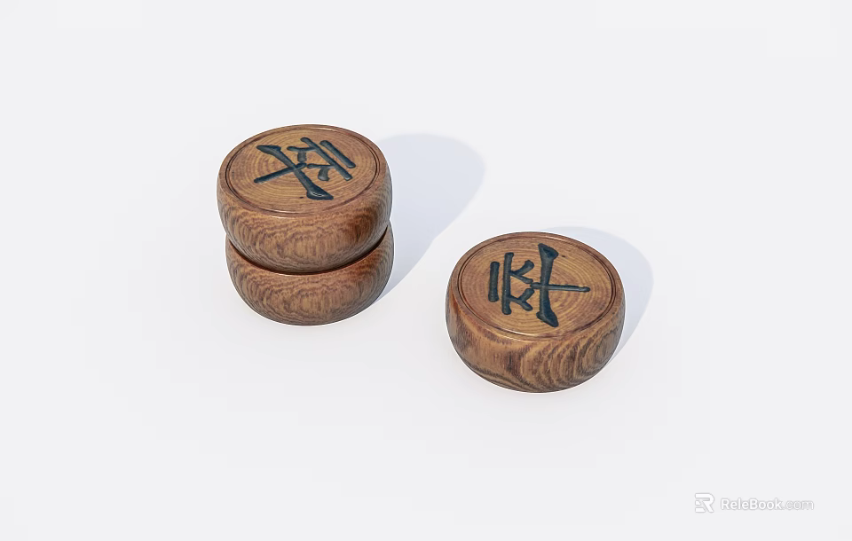 Traditional Wooden Round Game Pieces With Chinese Characters On White Background 3d model 