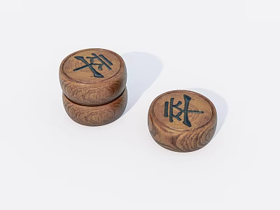 Traditional Wooden Round Game Pieces With Chinese Characters On White Background 3d model