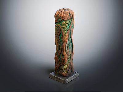 Artistic Sculptural Column with Intricate Wavy Texture Green and Brown Patterns on Square Base 3d model