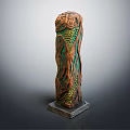 Artistic Sculptural Column with Intricate Wavy Texture Green and Brown Patterns on Square Base