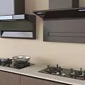 Modern Kitchen Appliances With Range Hoods Gas Stoves And Pot On Countertop