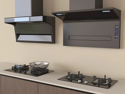 Modern Kitchen Appliances With Range Hoods Gas Stoves And Pot On Countertop 3d model