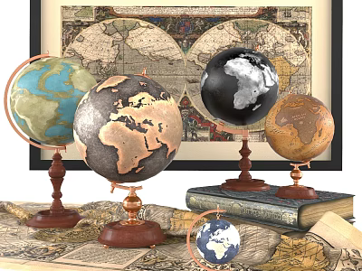 Decorative Globe Ornament Set With Wooden Bases Vintage Map And Books 3d model