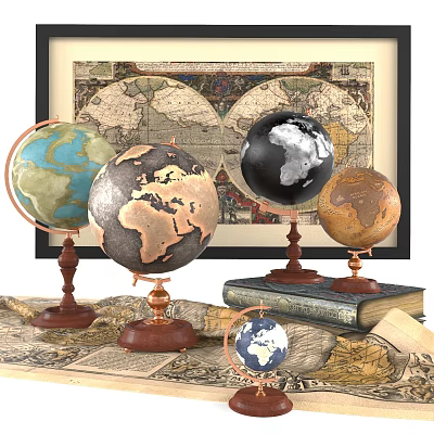 Decorative Globe Ornament Set With Wooden Bases Vintage Map And Books 3d model