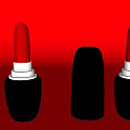 Perfume Cosmetics Display With Red Lipsticks Black Cap And Bottle On Red Background