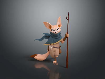 Anthropomorphic Fennec Fox Character Standing With Trident Staff And Blue Scarf 3d model
