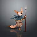 Anthropomorphic Fennec Fox Character Standing With Trident Staff And Blue Scarf