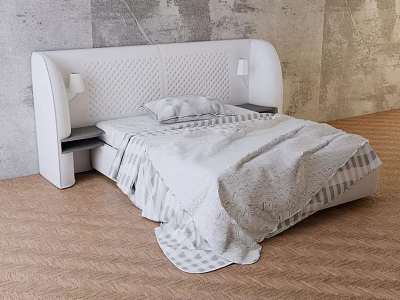 White Quilted Headboard Double Bed With Bedside Lamps Gray Bedding And Wooden Floor 3d model