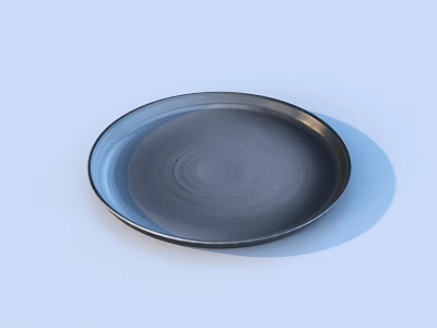 Sleek Black Circular Plate With Concentric Circle Texture And Blue Rim For Daily Use 3d model