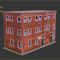 Urban Multi Story Building Model With Red Exterior White Framed Windows And Green Doors