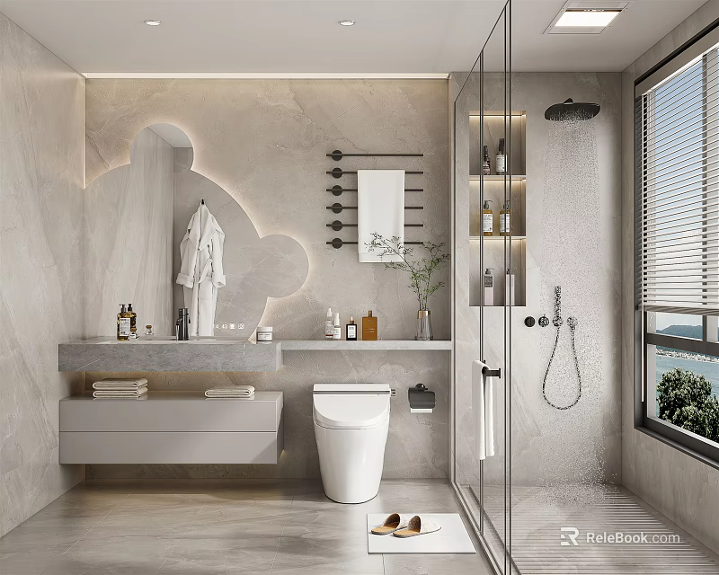 Modern Minimalist Bathroom Interior Design With Light Marble Wall Arched Mirror And Glass Shower Partition 3d model 