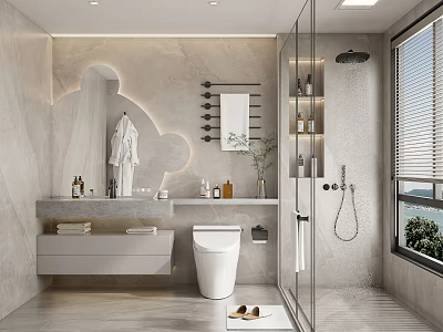 Modern Minimalist Bathroom Interior Design With Light Marble Wall Arched Mirror And Glass Shower Partition 3d model