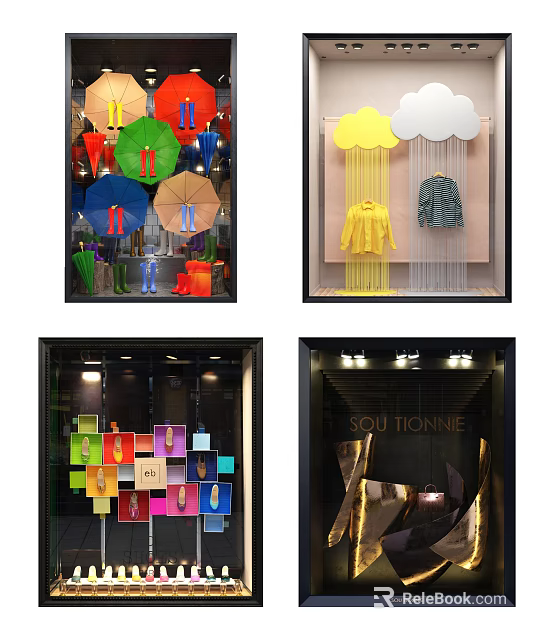 Vibrant Retail Window Display with Umbrellas Raincoats Cloud Decor and Colorful Items 3d model 
