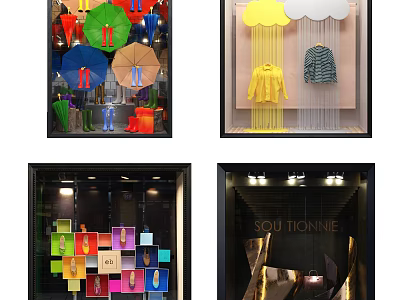 Vibrant Retail Window Display with Umbrellas Raincoats Cloud Decor and Colorful Items 3d model