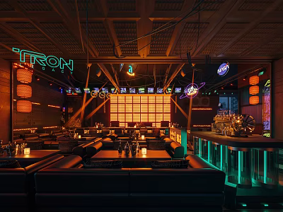 Cyberpunk Style Bar Interior With Neon Lights And Leather Seating 3d model