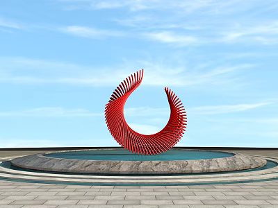 Road Facility Red Spiral Sculpture in Water Pool With Stone Platform and Paved Ground 3d model