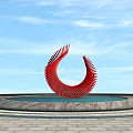 Road Facility Red Spiral Sculpture in Water Pool With Stone Platform and Paved Ground