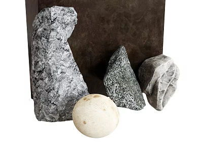Natural Stones With Various Shapes And Light Sphere On Dark Wood Background 3d model