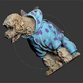 Adorable Dog in Blue Dinosaur Costume with Purple Spots Curly Fur Tongue Out Dark Background