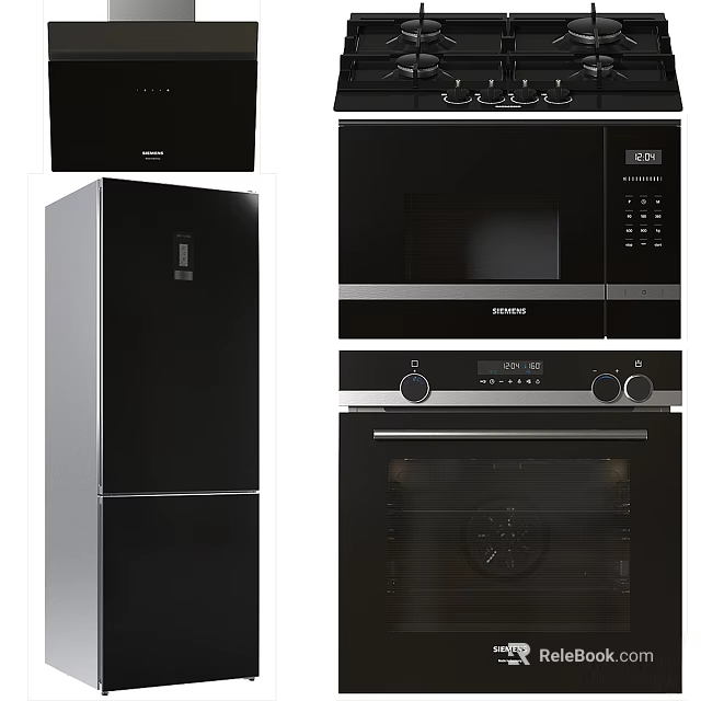 Modern Black Kitchen Appliances Including Refrigerator Microwave Oven And Range Hood 3d model 