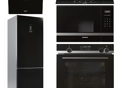 Modern Black Kitchen Appliances Including Refrigerator Microwave Oven And Range Hood 3d model