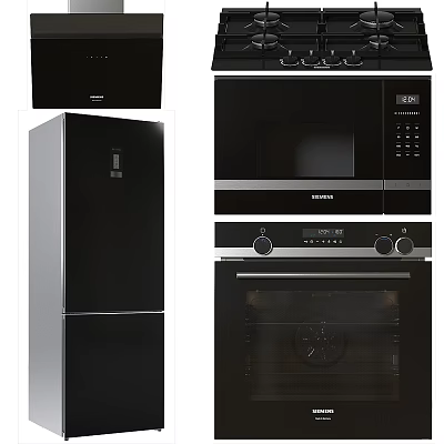 Modern Black Kitchen Appliances Including Refrigerator Microwave Oven And Range Hood 3d model