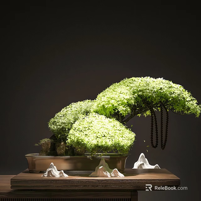 Green Bonsai Plants In Brown Container With White Decorative Rocks And Dark Background 3d model 