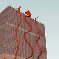 Modern Office Building With Red Wavy Exterior And Tall Structure Roof Decorations