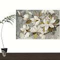 White Floral Canvas Painting with Green Leaves and Potted Plant on Wall