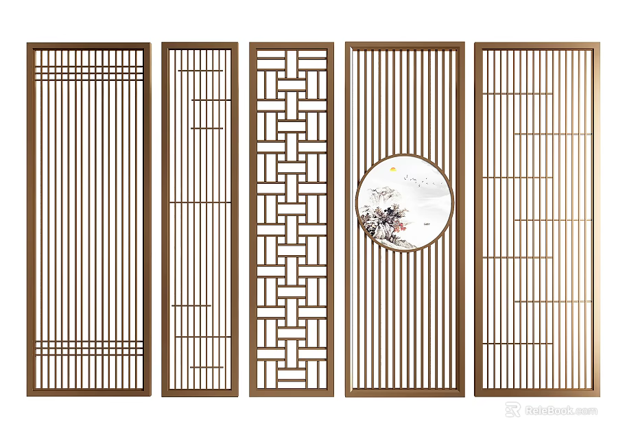 Chinese Traditional Room Dividers Featuring Lattice Designs And Circular Decorative Panels 3d model 