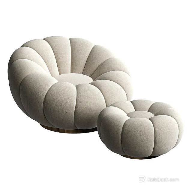Pumpkin Shaped Beige Upholstered Single Sofa With Gold Base And Two Sizes 3d model 