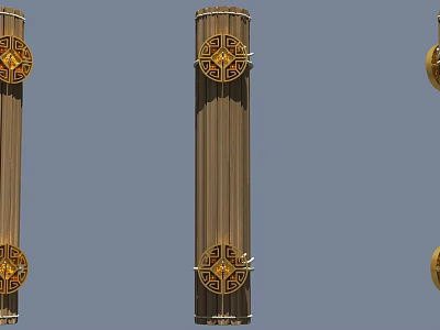 Traditional Decorative Columns With Brown Vertical Striped Body And Golden Top Bottom Intricate Pattern Decorations 3d model