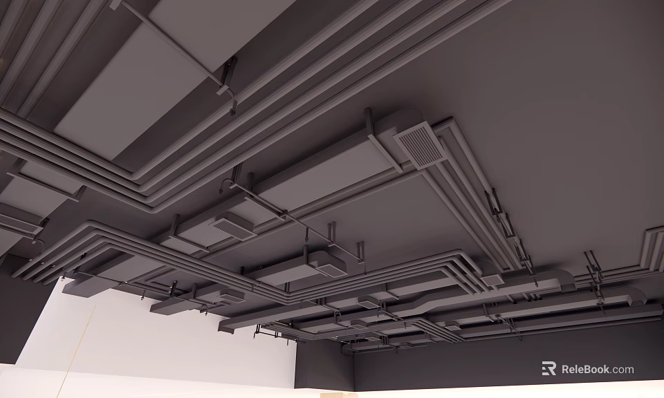 Industrial Metal Pipes Installation On Ceiling With Support Structures And Ventilation Ducts 3d model