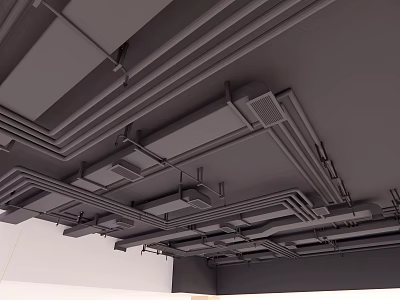 Industrial Metal Pipes Installation On Ceiling With Support Structures And Ventilation Ducts 3d model