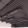 Industrial Metal Pipes Installation On Ceiling With Support Structures And Ventilation Ducts 3d model