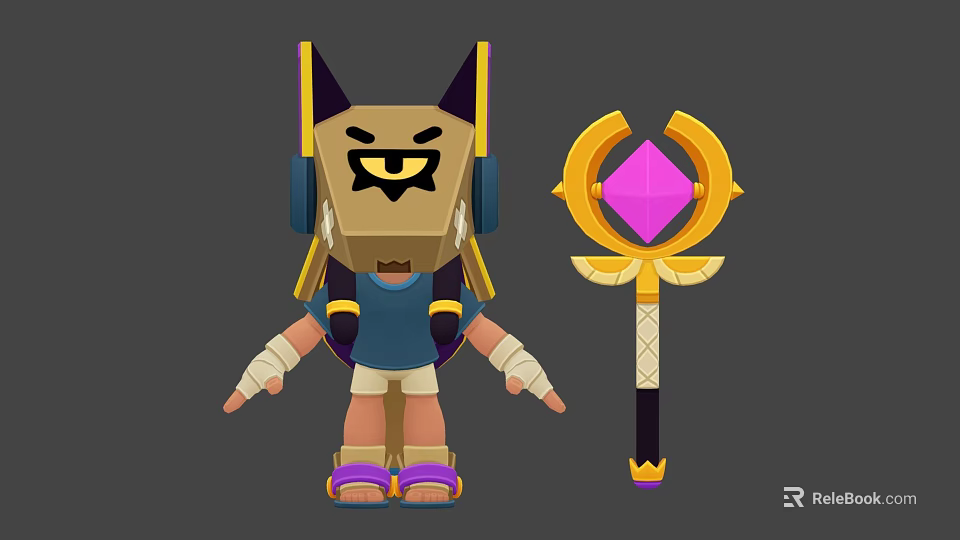 Woman As Egyptian Style Cartoon Character With Cat Ear Headdress And Golden Scepter 3d model 