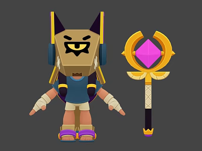 Woman As Egyptian Style Cartoon Character With Cat Ear Headdress And Golden Scepter 3d model