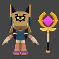 Woman As Egyptian Style Cartoon Character With Cat Ear Headdress And Golden Scepter
